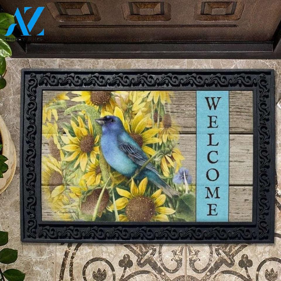 Indigo Bunting and Sunflowers Doormat - 18" x 30"