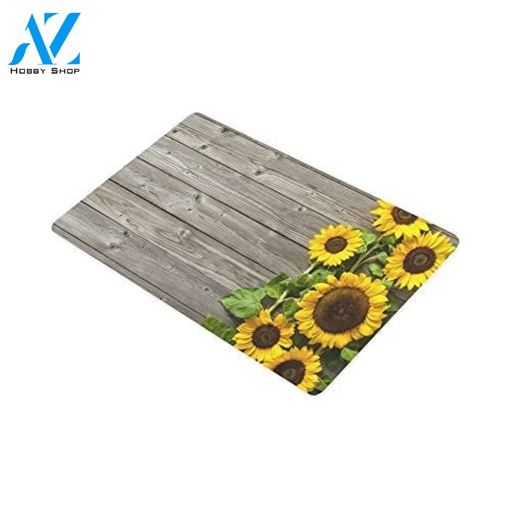 INTERESTPRINT Autumn Sunflowers Wood Pattern Non Slip Doormat, 30″(L) x 18″(W)