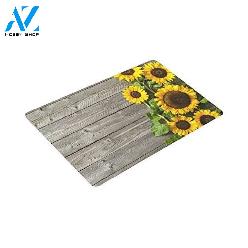 INTERESTPRINT Autumn Sunflowers Wood Pattern Non Slip Doormat, 30″(L) x 18″(W)