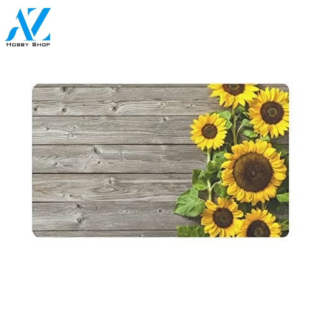INTERESTPRINT Autumn Sunflowers Wood Pattern Non Slip Doormat, 30″(L) x 18″(W)