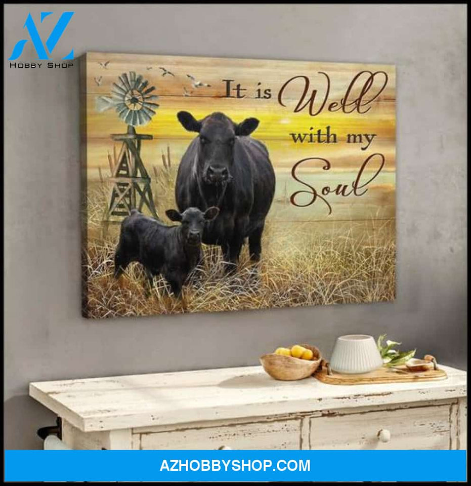 It Is Well With My Soul Angus Cow Canvas Poster Wall Art Prints, Farmhouse Decor