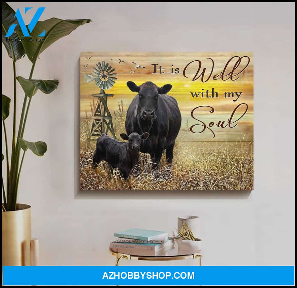 It Is Well With My Soul Angus Cow Canvas Wall Art Farmhouse Decor