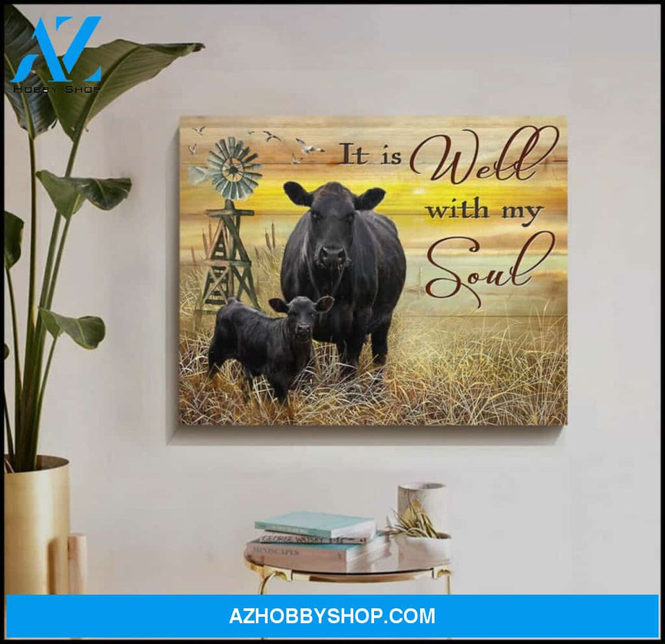 It Is Well With My Soul Angus Cow Canvas Wall Art, Wall Decor Visual Art Farmhouse Decor, Great Gift for Cows Lovers