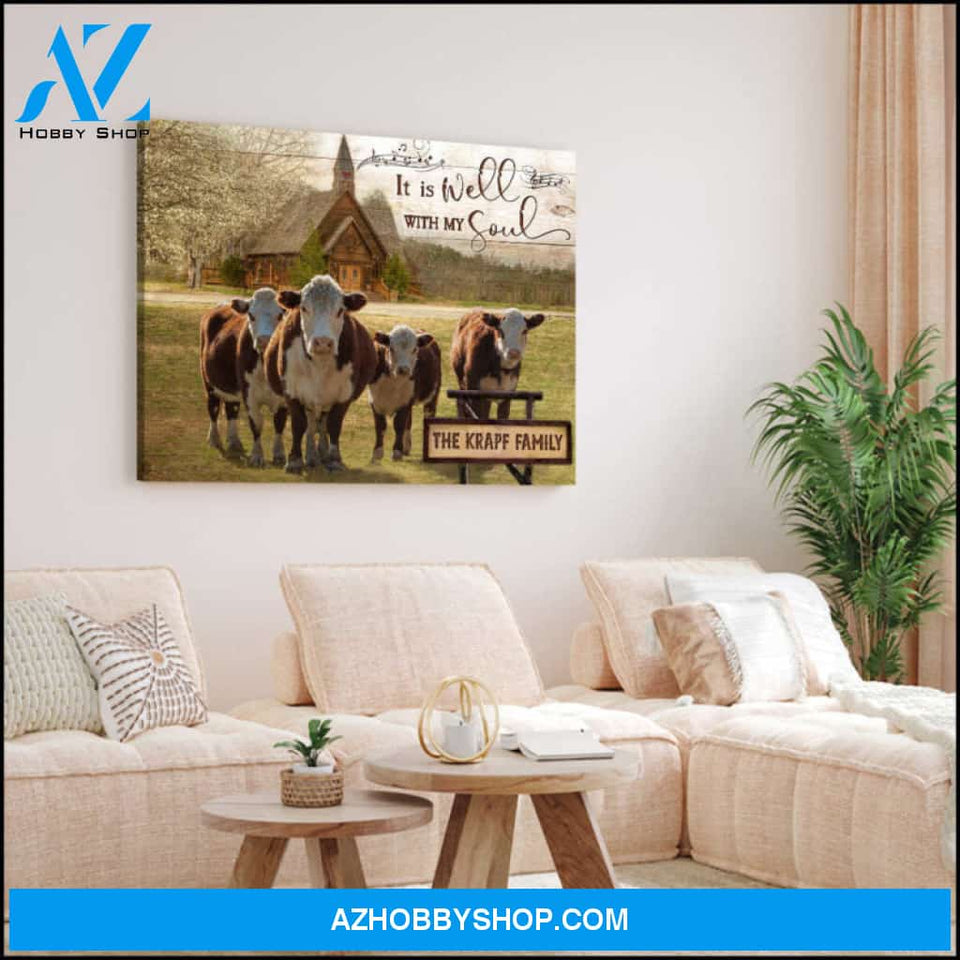 Ohcanvas It Is Well With My Soul Hereford Cows and Church Custom Name Personalized Canvas Wall Art Farmhouse Decor