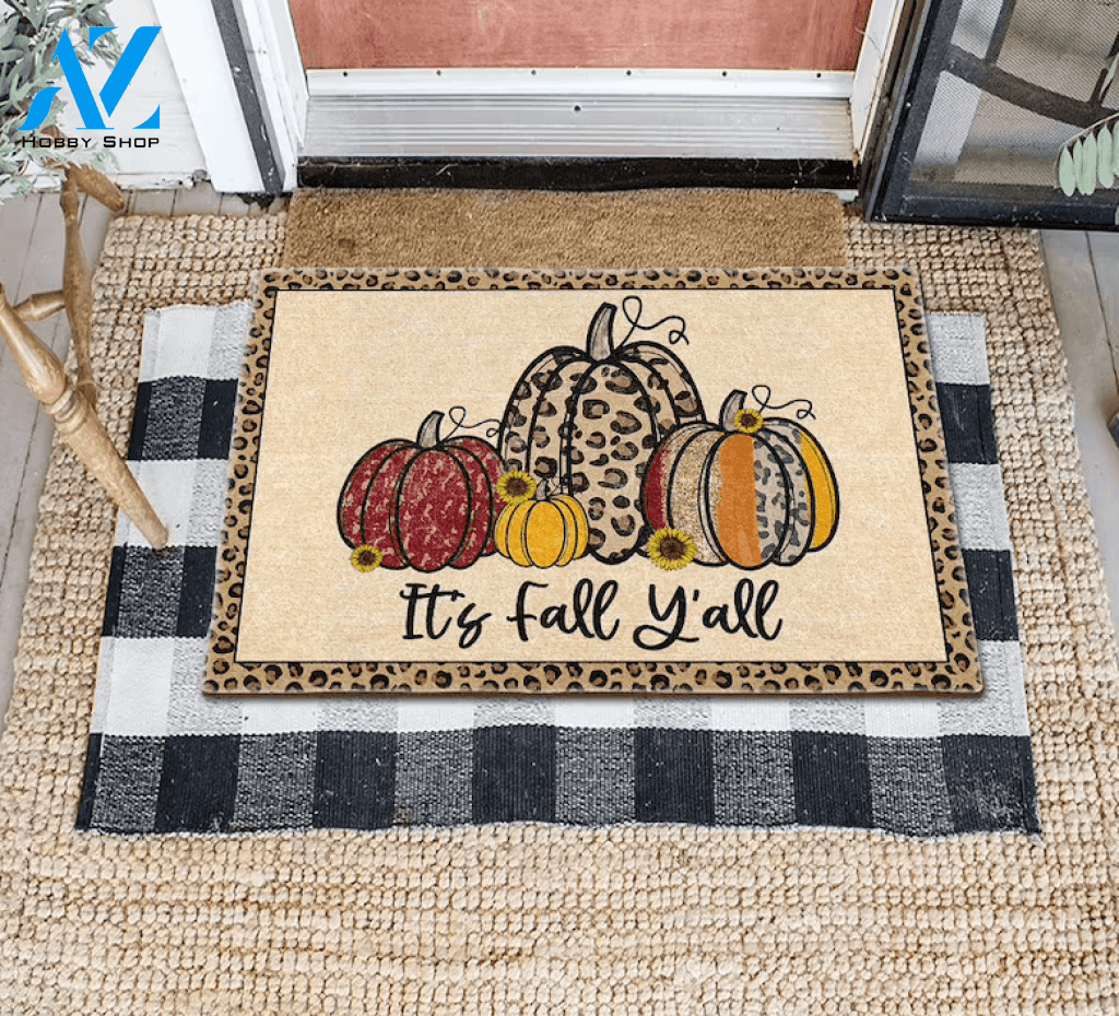 It's Fall Y'All Doormat, Leopard Print Pumpkins Doormat, Fall Welcome Mat, Thanksgiving Doormat, Fall Decor, Gift For Friend Family