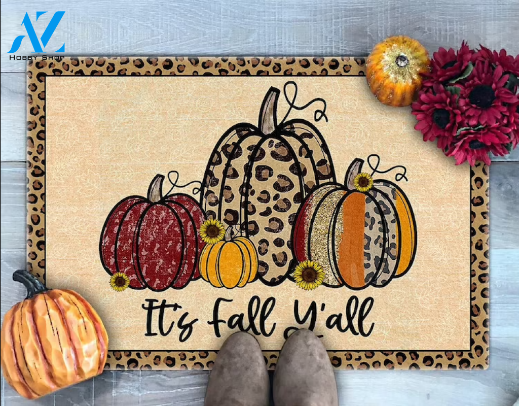 It's Fall Y'All Doormat, Leopard Print Pumpkins Doormat, Fall Welcome Mat, Thanksgiving Doormat, Fall Decor, Gift For Friend Family