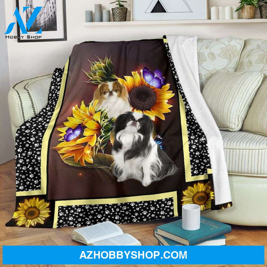 Japanese chin dark sunflower Fleece Blanket