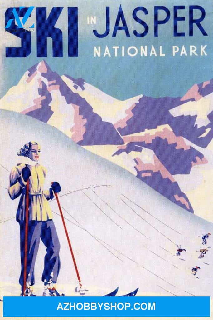 Jasper National Park Canada Woman Skiing Vintage Travel Poster