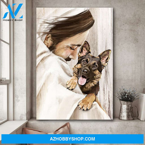 Jesus and German Shepherd in arms - Portrait Canvas Prints, Wall Art