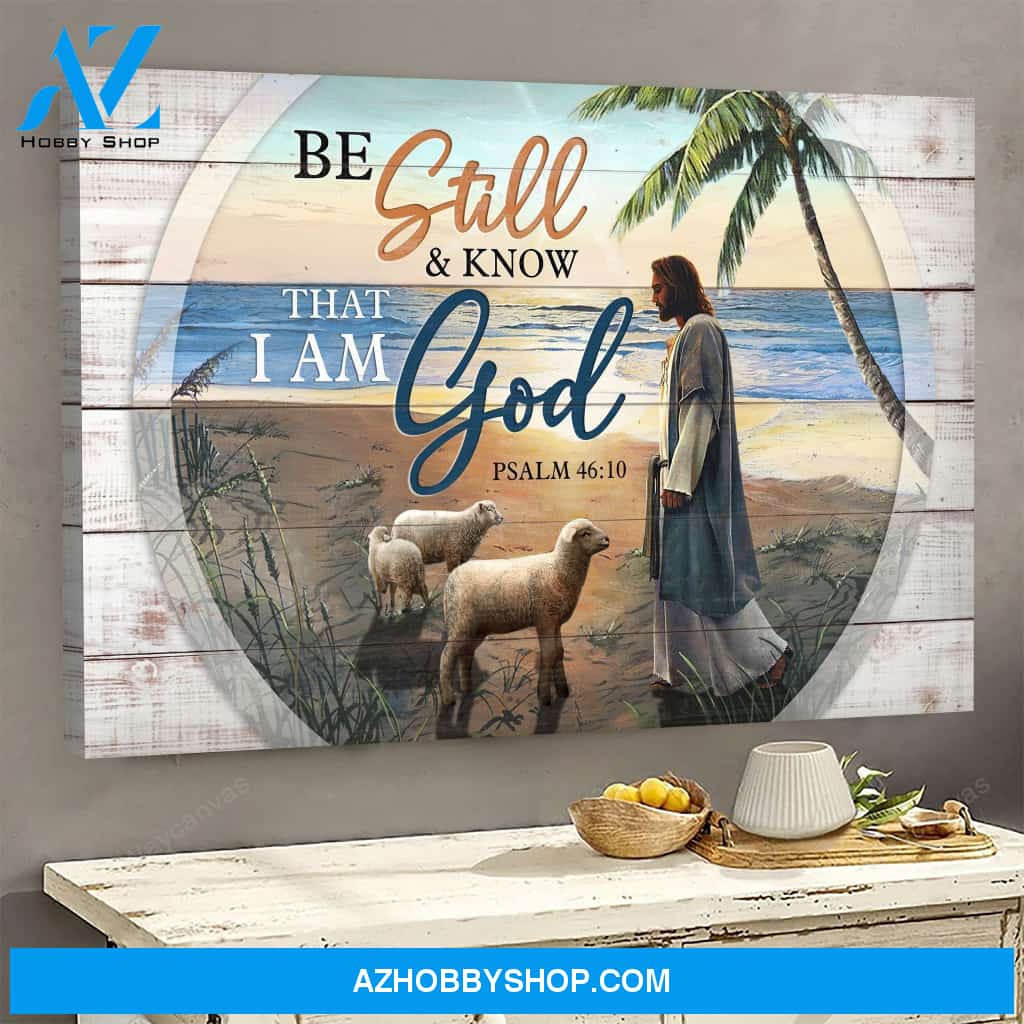 Jesus and lambs on the peaceful beach - Jesus Landscape Canvas Prints - Wall Art