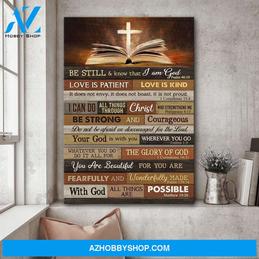 Jesus - Bible with Cross - Be still and know that I am God - Portrait Canvas Prints, Wall Art