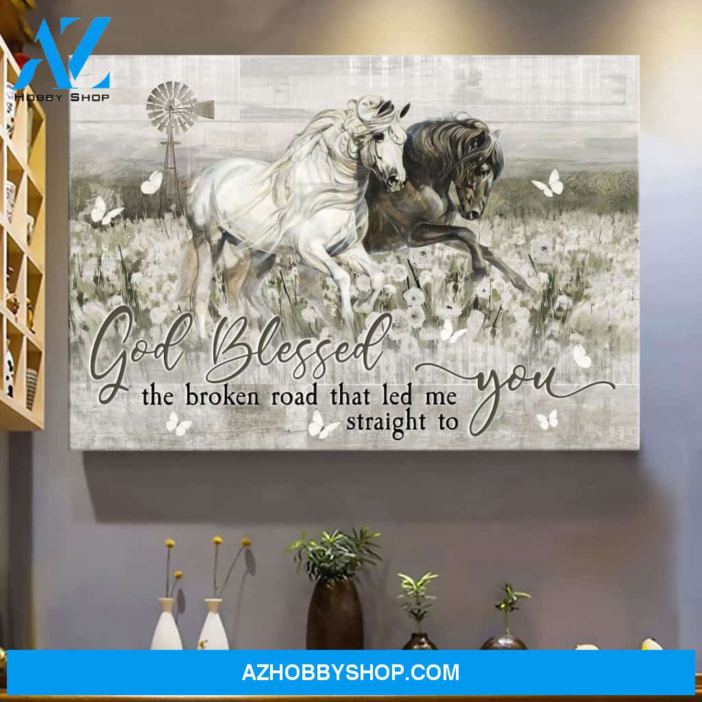 Jesus - Black and White Horse - God blessed the road that led me to you - Landscape Canvas Prints, Wall Art