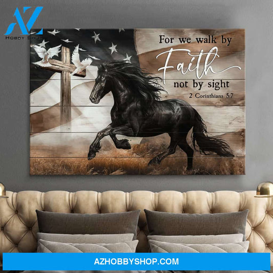 Jesus - Black horse and the US flag - For we walk by faith - Landscape Canvas Prints, Wall Art