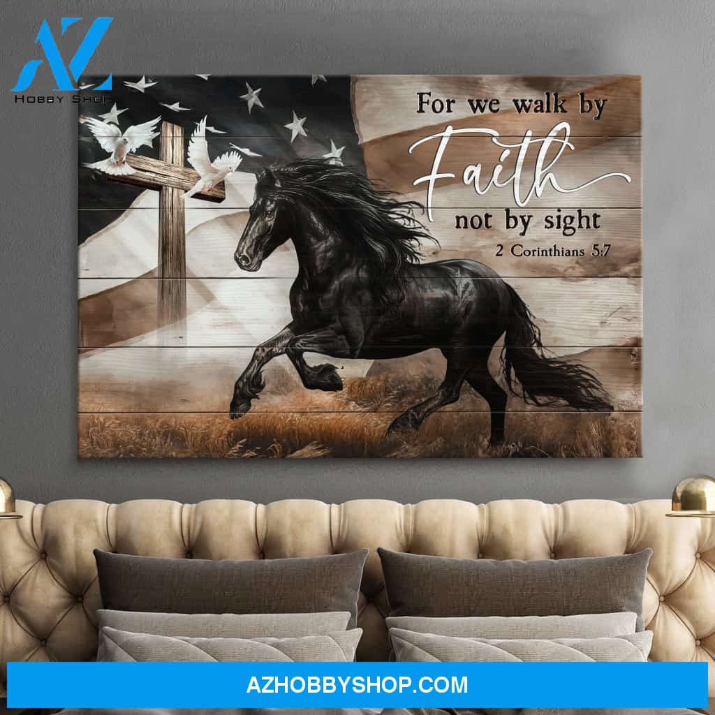 Jesus - Black horse and the US flag - For we walk by faith - Landscape Canvas Prints, Wall Art