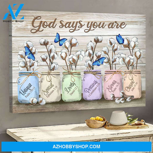 Jesus - Blue butterfly and Cotton flower jar - God says you are - Landscape Canvas Prints - Wall Art