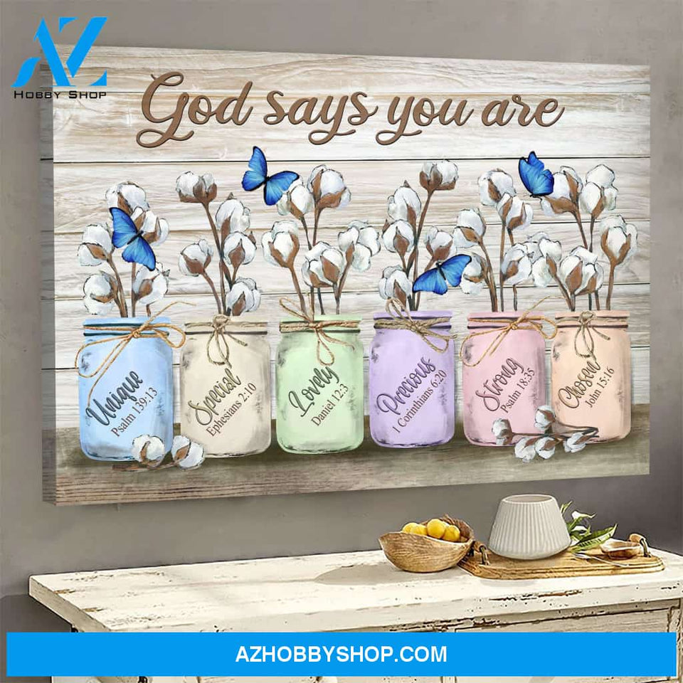 Jesus - Blue butterfly and Cotton flower jar - God says you are - Landscape Canvas Prints - Wall Art