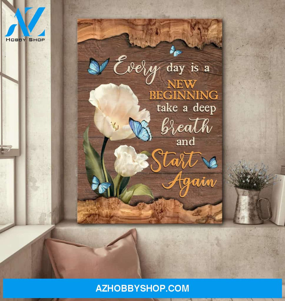 Jesus - Blue butterfly and white flowers - Every day is a new beginning - Portrait Canvas Prints, Wall Art