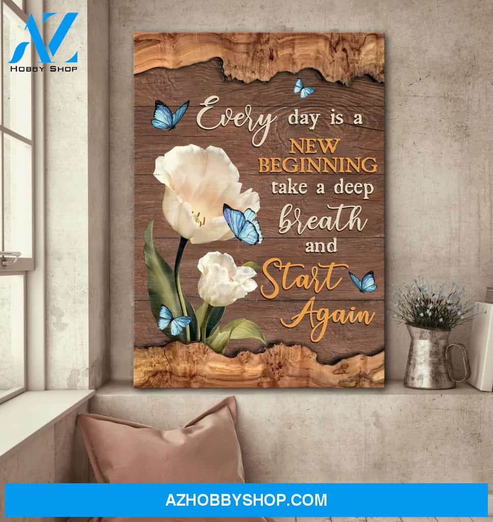 Jesus - Blue butterfly and white flowers - Every day is a new beginning - Portrait Canvas Prints, Wall Art