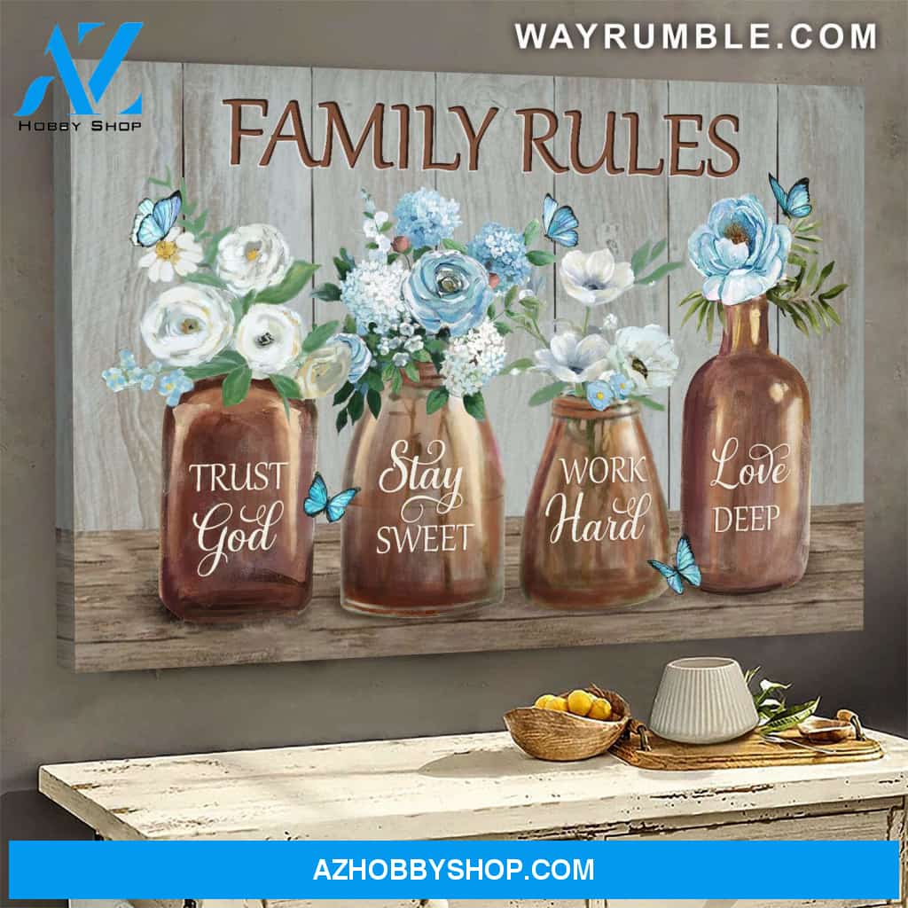 Jesus - Blue flowers in vase - Family rules - Landscape Canvas Prints - Wall Art