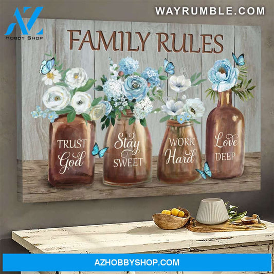 Jesus - Blue flowers in vase - Family rules - Landscape Canvas Prints - Wall Art