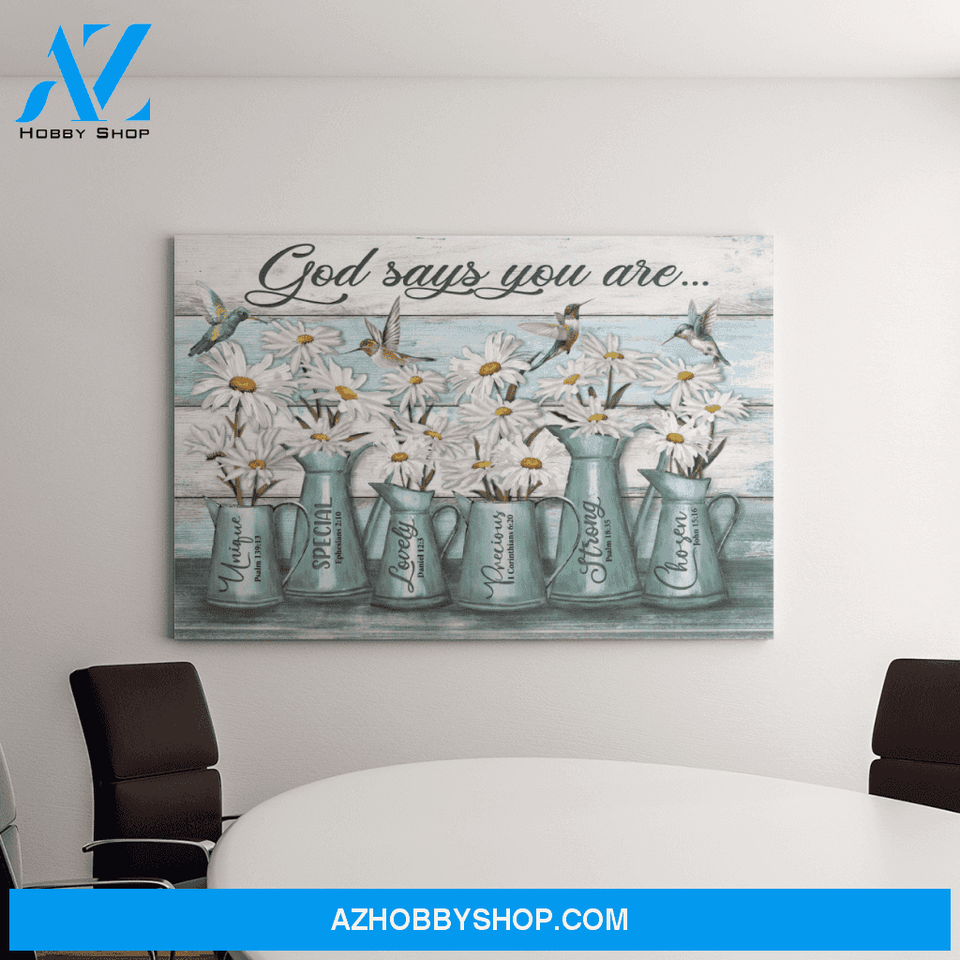 Landscape God Canvas Wall Art - Jesus Canvas Wall Art - Daisy and Hummingbird - God says you are Peaceful blue Canvas