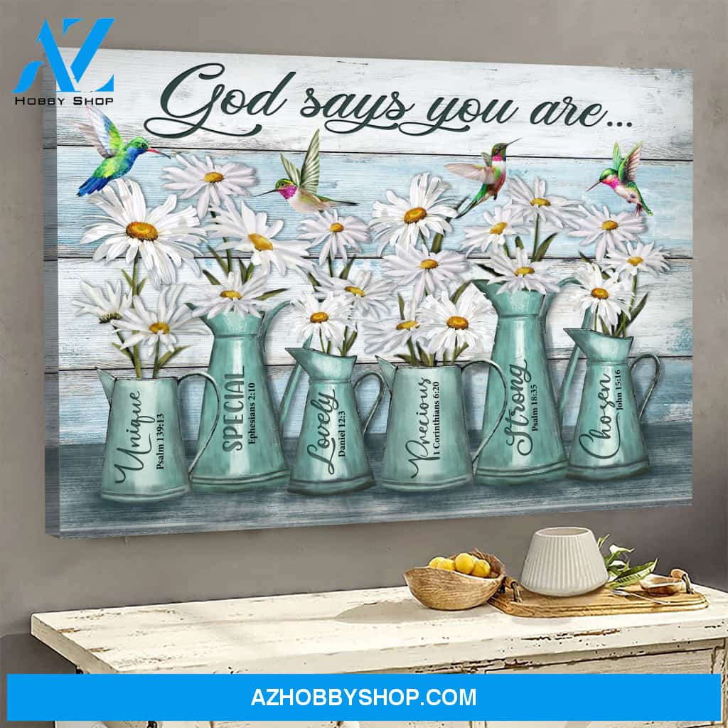 Landscape God Canvas Wall Art - Jesus Canvas Wall Art - Daisy and Hummingbird - God says you are Peaceful blue Canvas