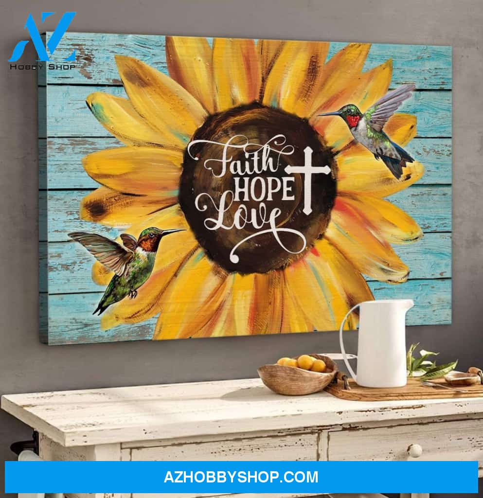 Landscape God Canvas Wall Art - Jesus Canvas Wall Art - Green hummingbird and Sunflower - Faith Love Hope Canvas