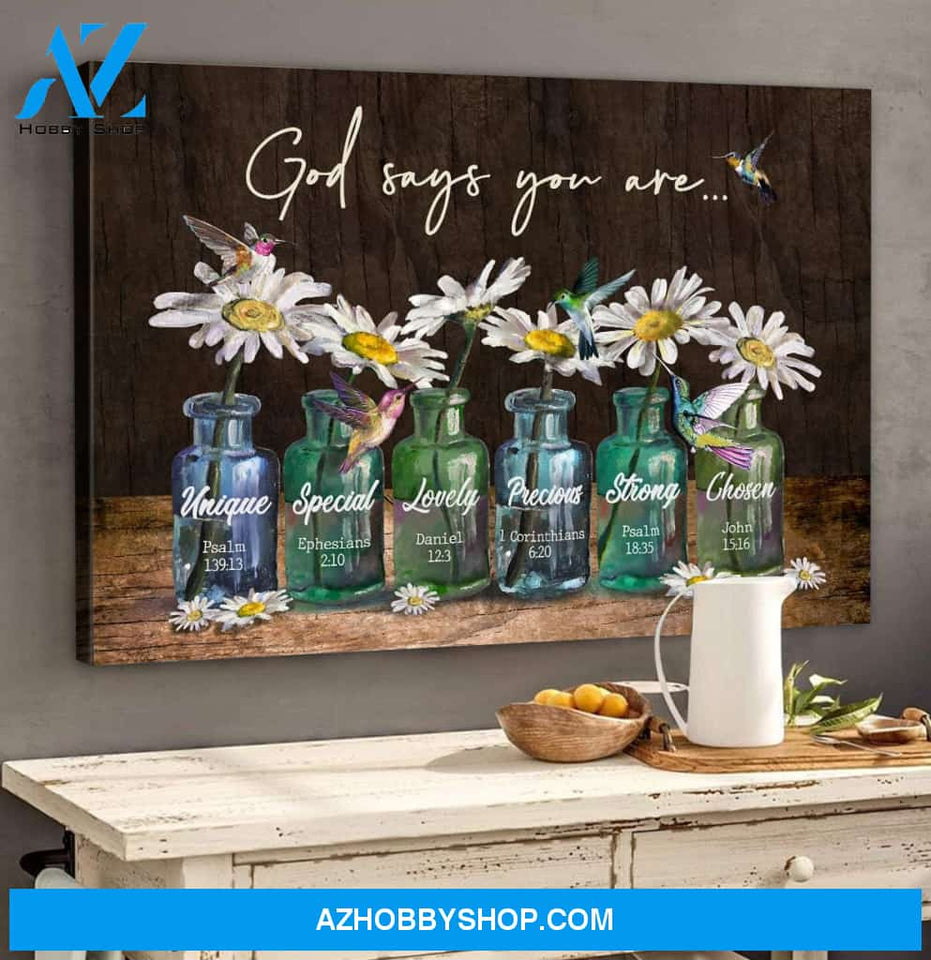 Landscape God Canvas Wall Art - Jesus Canvas Wall Art - Hummingbird and daisy - God says you are Canvas