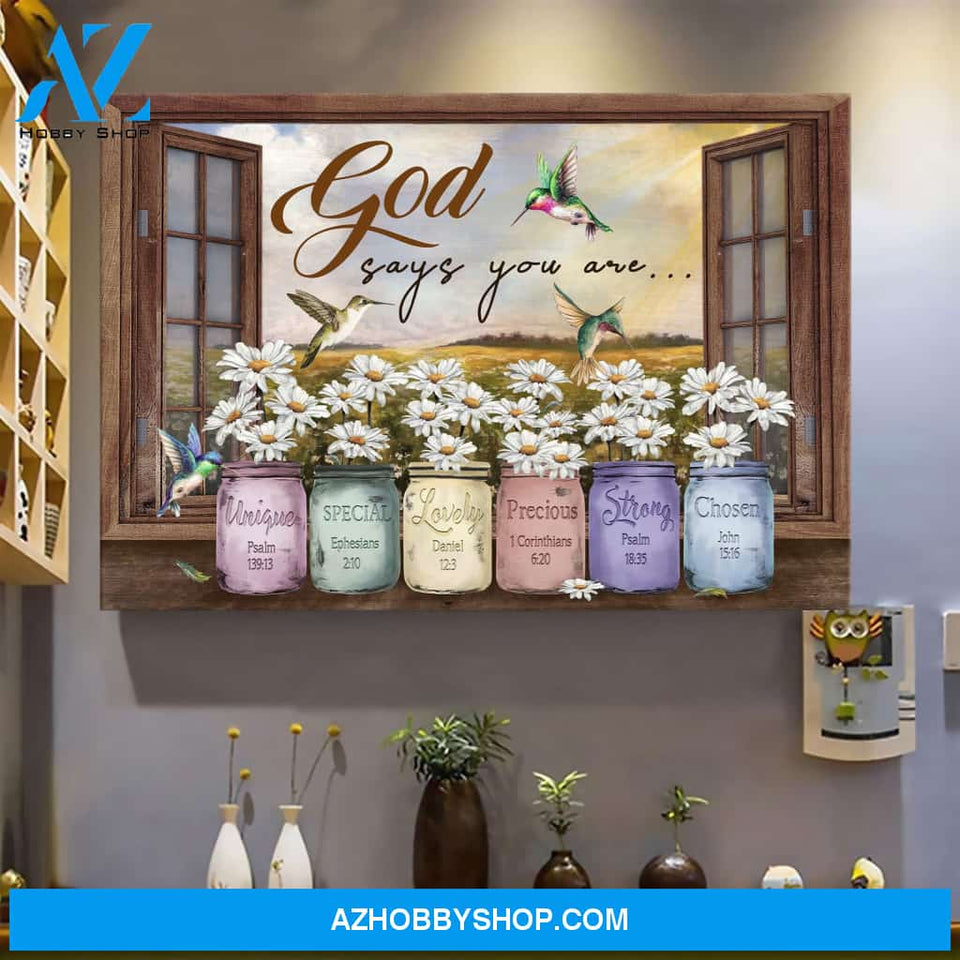 Landscape God Canvas Wall Art - Jesus Canvas Wall Art - Hummingbird by window - God says you are canvas