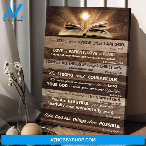 Jesus - Cross and Bible - Be still & know that I am God - Portrait Canvas Prints, Wall Art