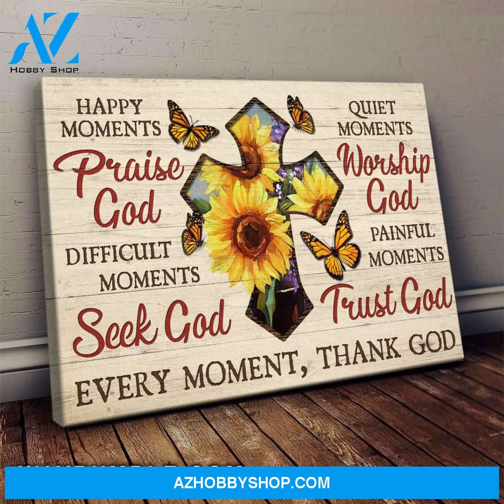 Jesus - Cross with sunflowers - Every moment, thank God - Landscape Canvas Prints, Wall Art