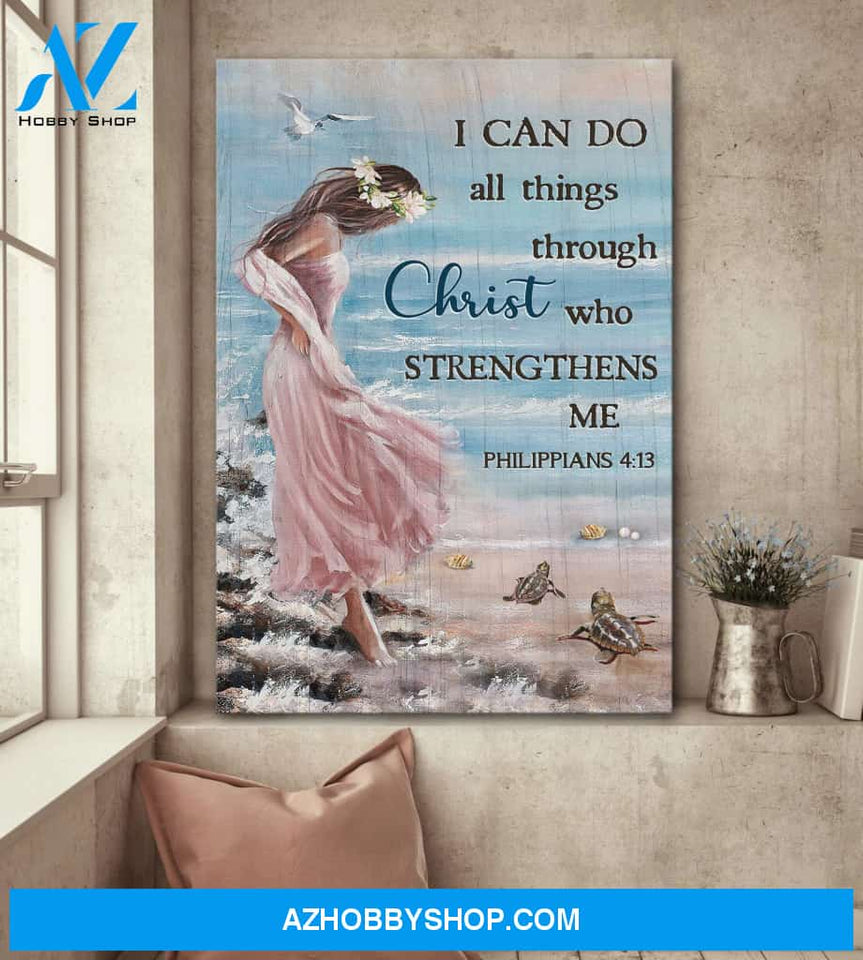 Jesus - Girl in the beach - I can do all things through christ - Portrait Canvas Prints, Wall Art