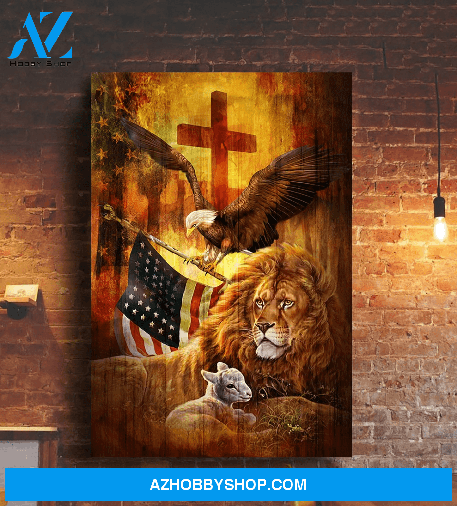 Jesus, God Blesses Our America The Cross Canvas | Eagle With US Flag Canvas | Lion And Goatling 3D Print Canvas Wall Art, Wall Decor Visual Art