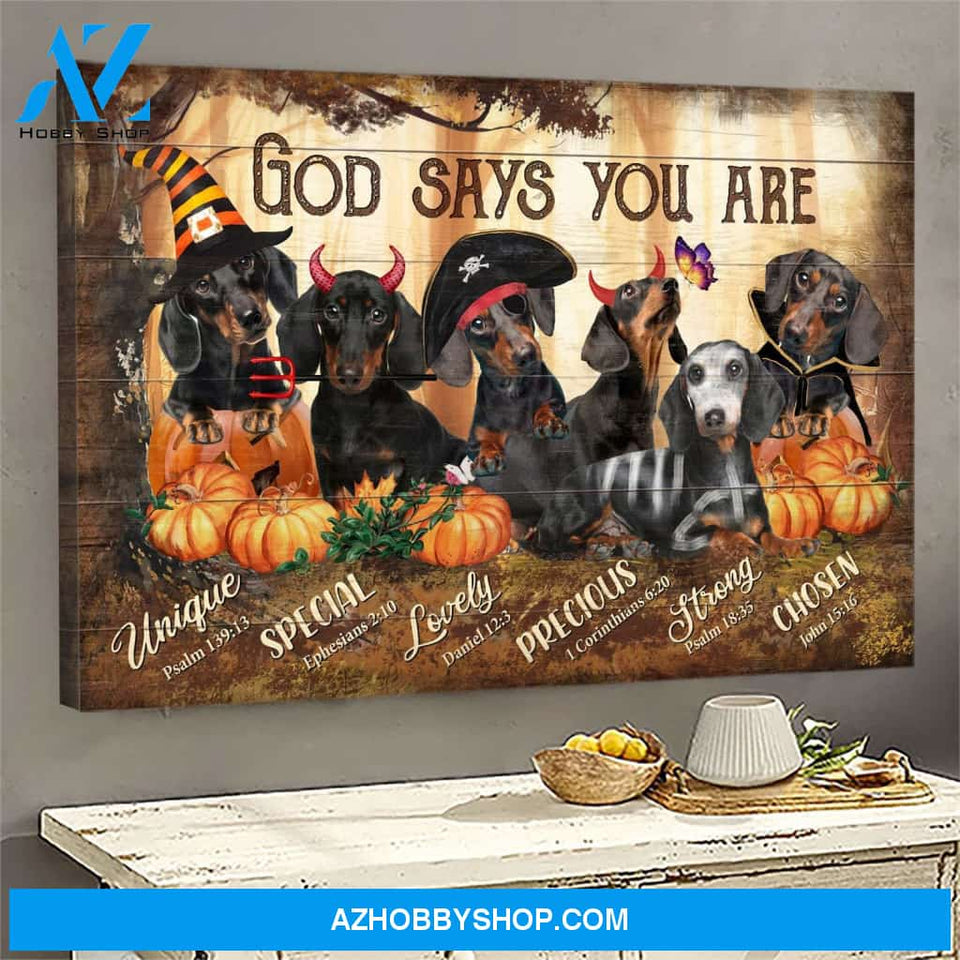 Jesus - God says you are - Dachshunds in Halloween costumes Landscape Canvas Prints, Wall Art