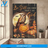 Jesus - Halloween with owl and pumpkins - Be still and know that I am God - Portrait Canvas Prints, Wall Art
