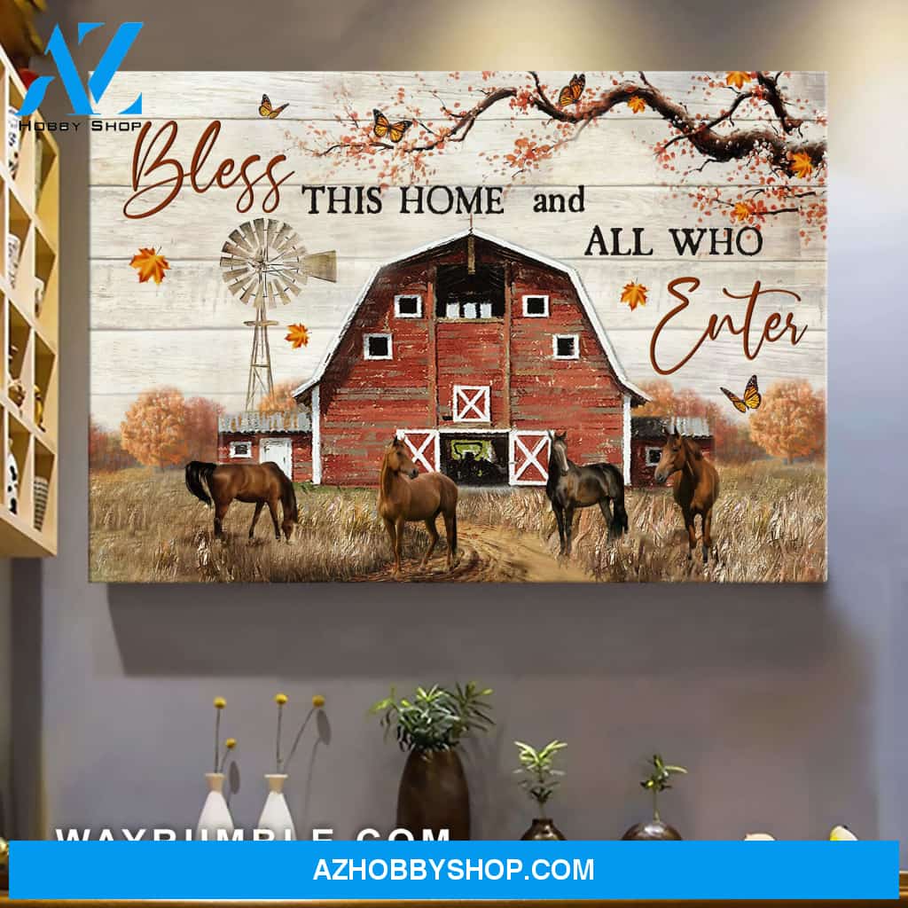 Jesus - Horses on farm - Bless this home & all who enter - Landscape Canvas Prints, Wall Art