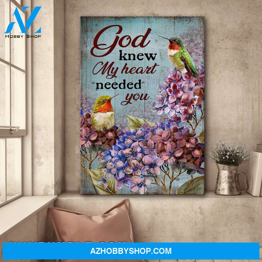 Jesus - Hummingbird and Hydrangea - God knew my heart needed you - Portrait Canvas Prints, Wall Art