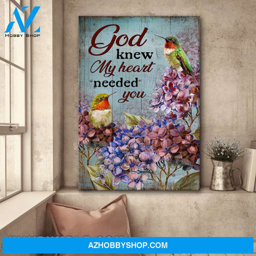 Jesus - Hummingbird and Hydrangea - God knew my heart needed you - Portrait Canvas Prints, Wall Art