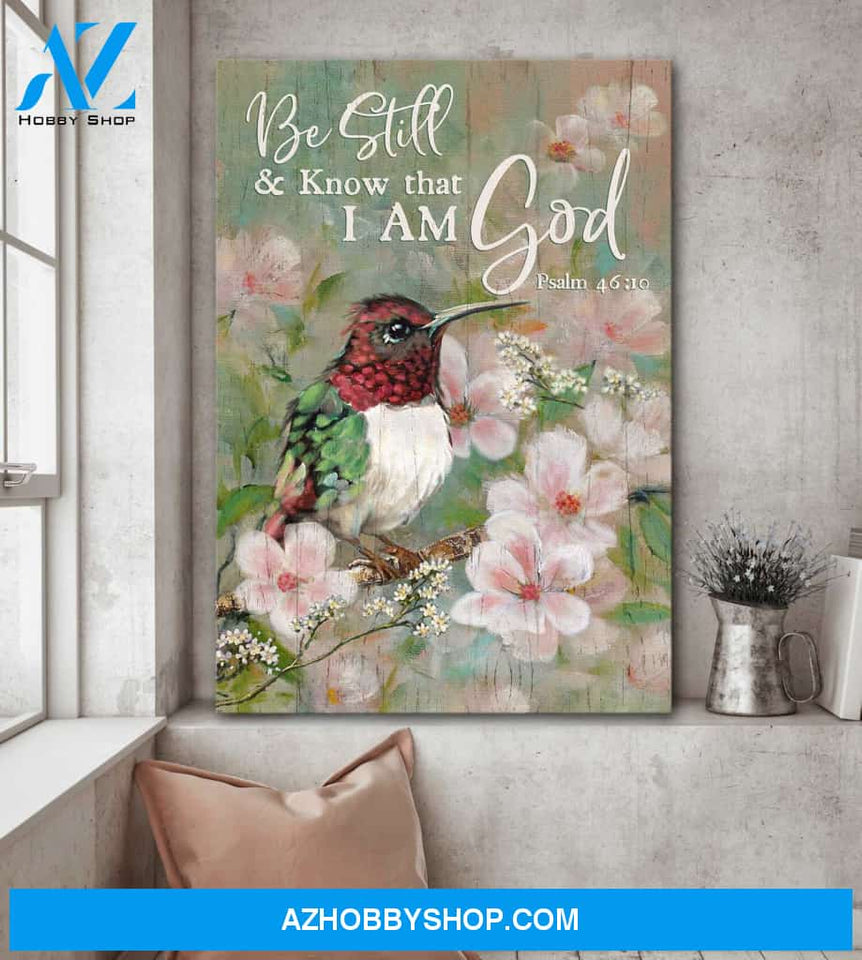 Jesus - Hummingbird on tree branch - Be still and know that I am God - Portrait Canvas Prints, Wall Art
