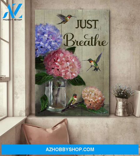 Jesus - Hydrangea and hummingbird - Just breathe - Portrait Canvas Prints, Wall Art
