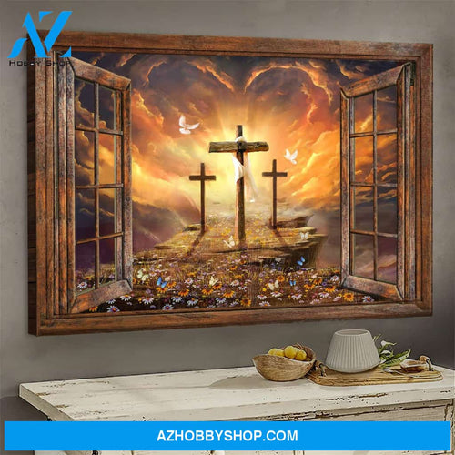Jesus Landscape Canvas Wall Art - God Wall Art - Window Frame, Sunset Painting, Path To Heaven, The Three Crosses