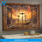 Jesus Landscape Canvas Wall Art - God Wall Art - Window Frame, Sunset Painting, Path To Heaven, The Three Crosses