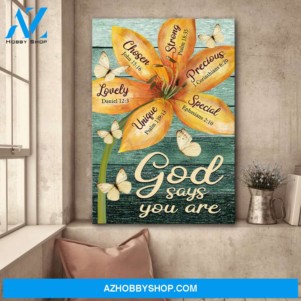 Jesus - Lily Flower - Green background - God says you are - Portrait Canvas Prints, Wall Art
