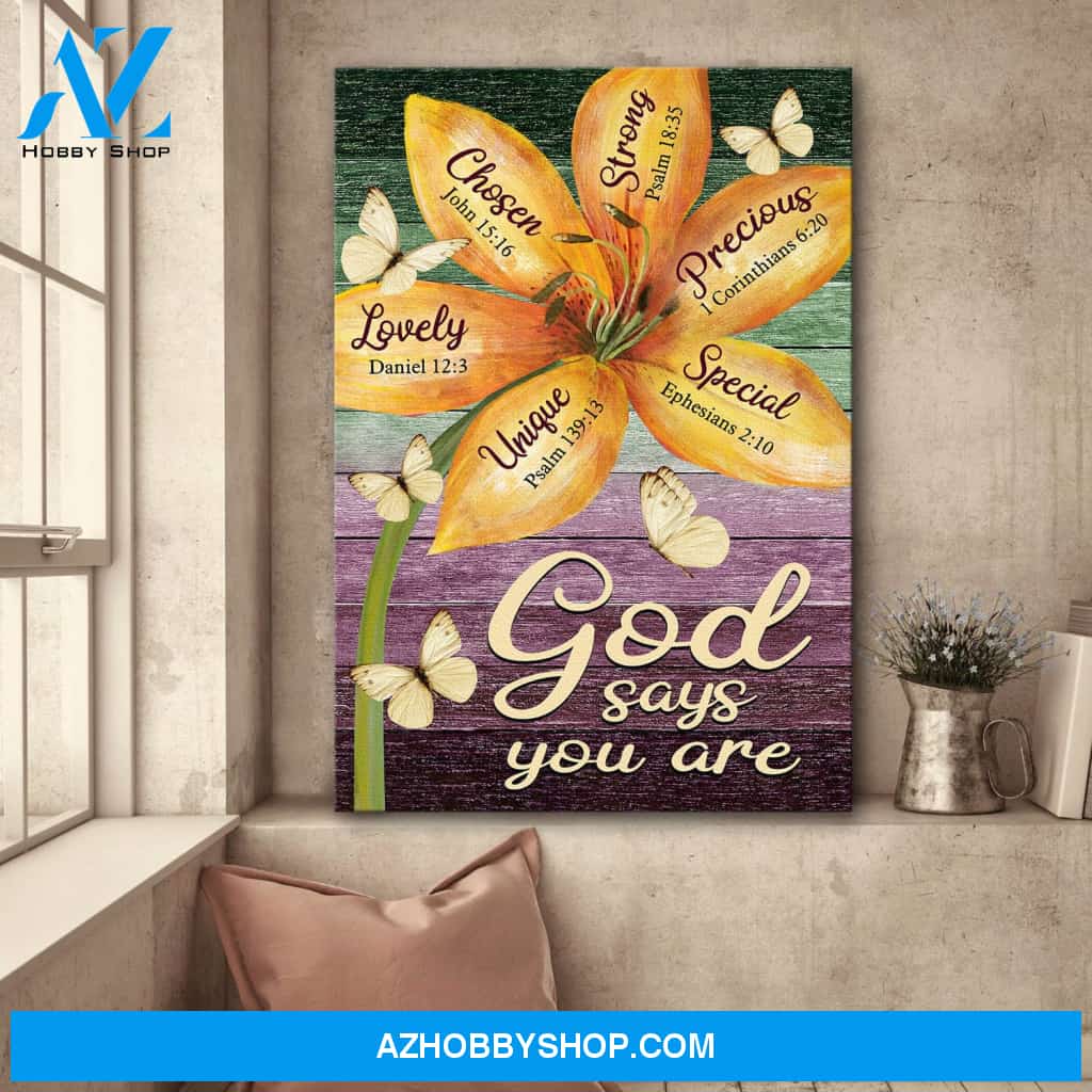 Jesus - Lily Flower - Purple background - God says you are - Portrait Canvas Prints, Wall Art
