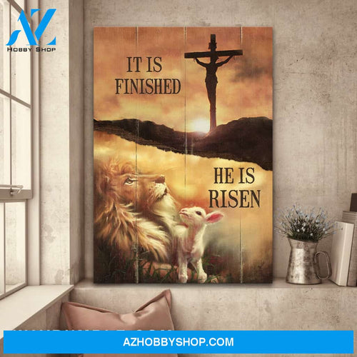 Jesus - Lion and lamb looking at Jesus on cross - It is finish he is risen - Portrait Canvas Prints, Wall Art