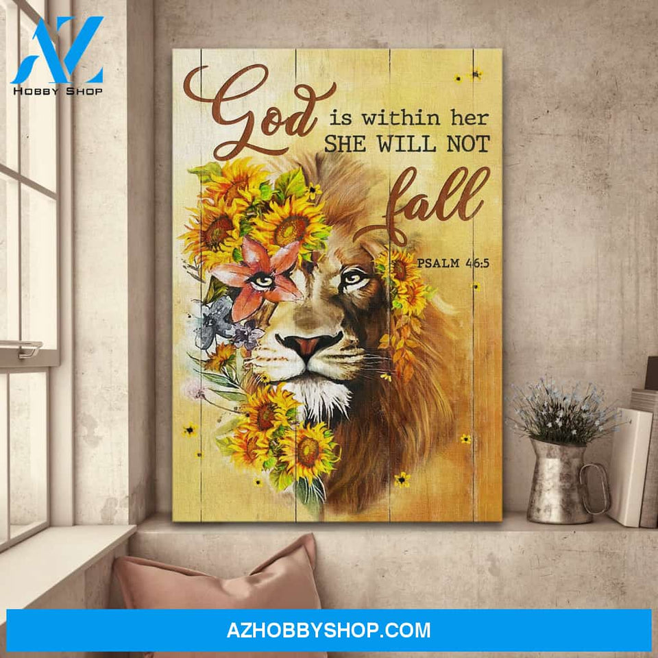 Jesus - Lion with sunflower - God is within her she will not fall - Portrait Canvas Prints, Wall Art
