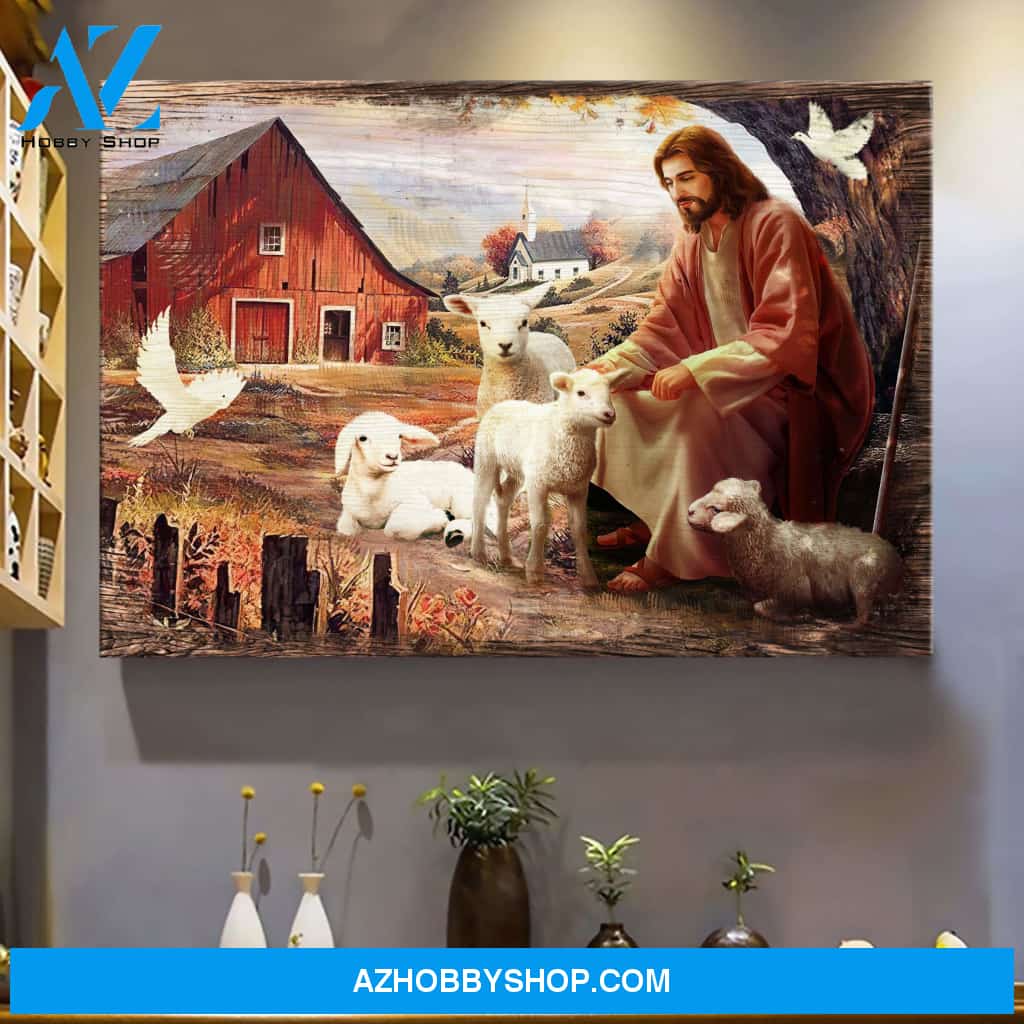 Jesus - Peaceful farm - Sitting with the lambs - Landscape Canvas Prints, Wall Art
