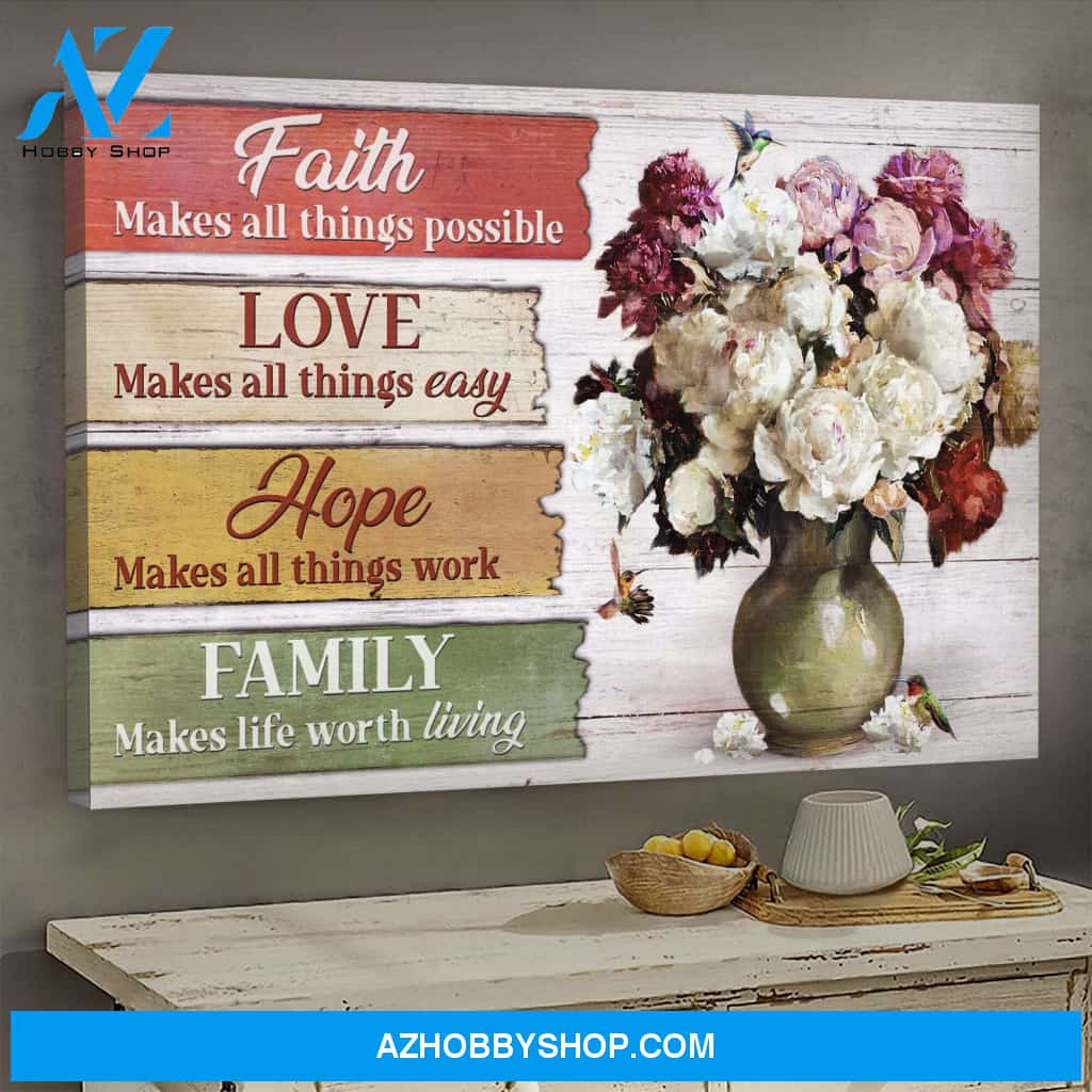 Jesus - Peonies in green vintage vase - Faith, hope, love, family Landscape Canvas Prints, Wall Art