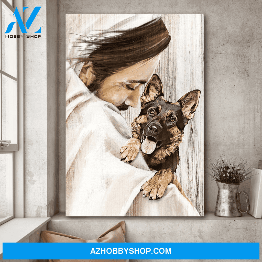 Jesus Portrait Canvas Wall Art - God Wall Art - Jesus And German Shepherd In Arms