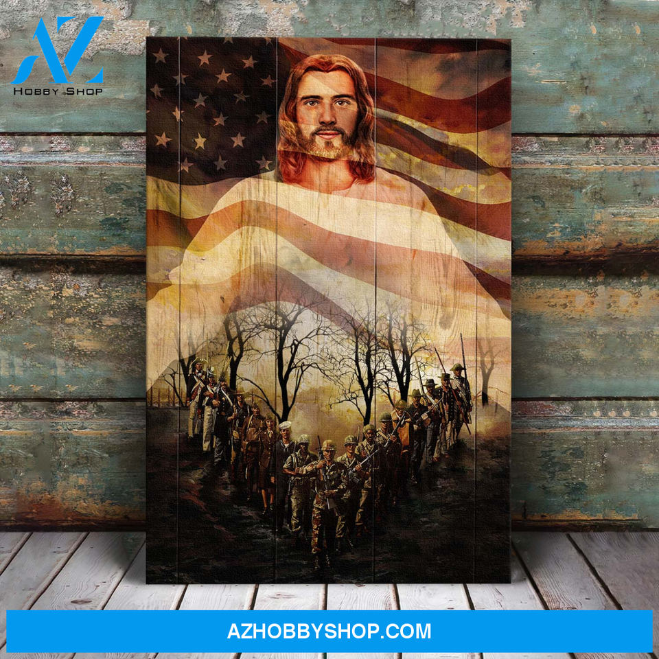 Jesus Portrait Canvas Wall Art - God Wall Art Jesus And Veterans 2 - One Nation Under God
